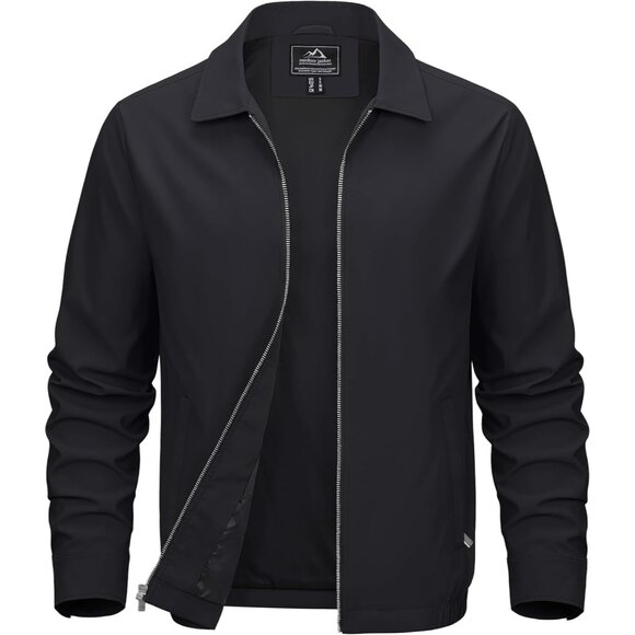 🆕 Men Black Lightweight Jacket Full Zip Golf Collar Windbreaker Casual Spring - Picture 1 of 7